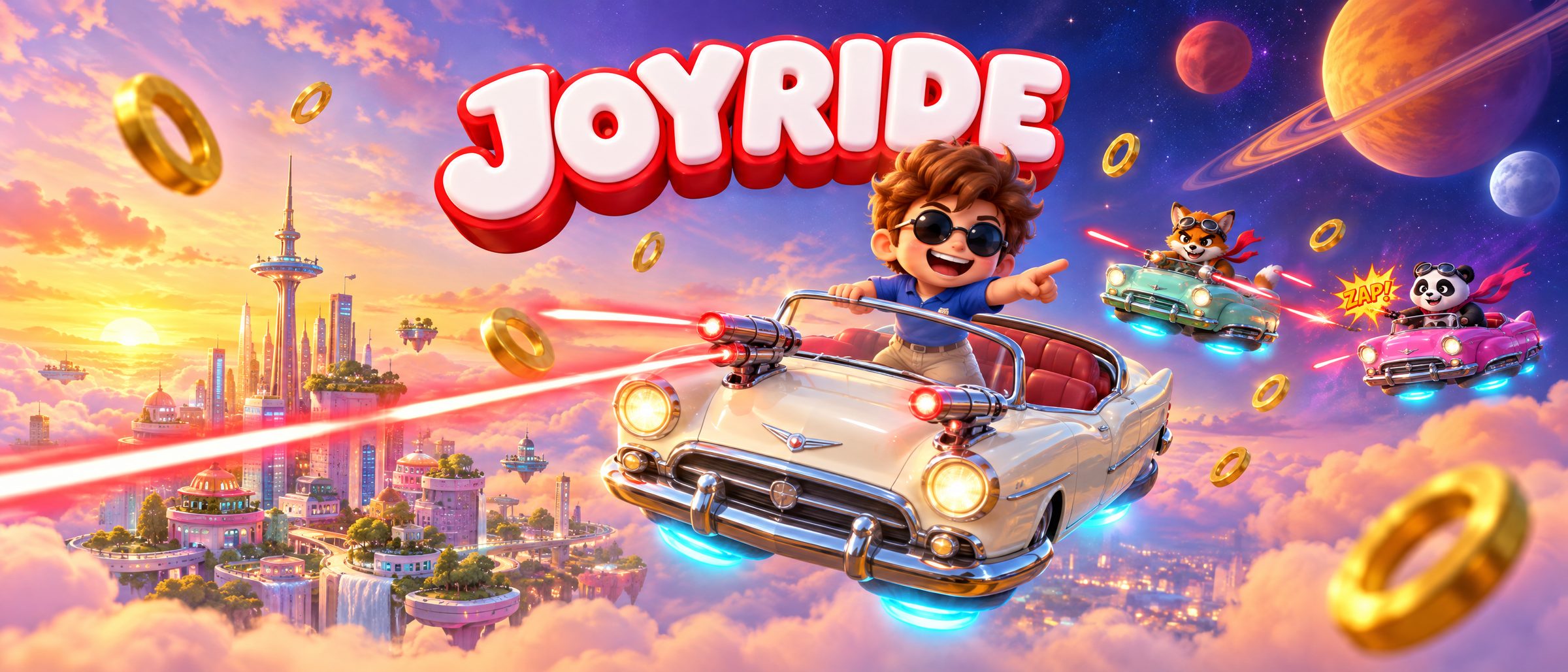 Joyride — a pilot in a flying convertible racing rival animal pilots over a sunset sky-city